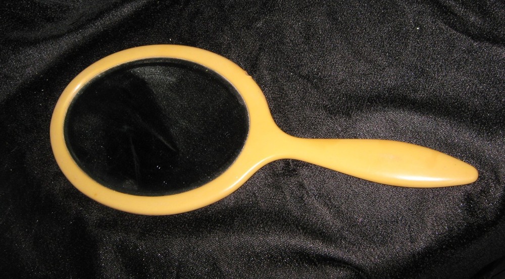 Vintage Celluloid Bakelite Handheld Oval Double sided Vanity Mirror long handle
