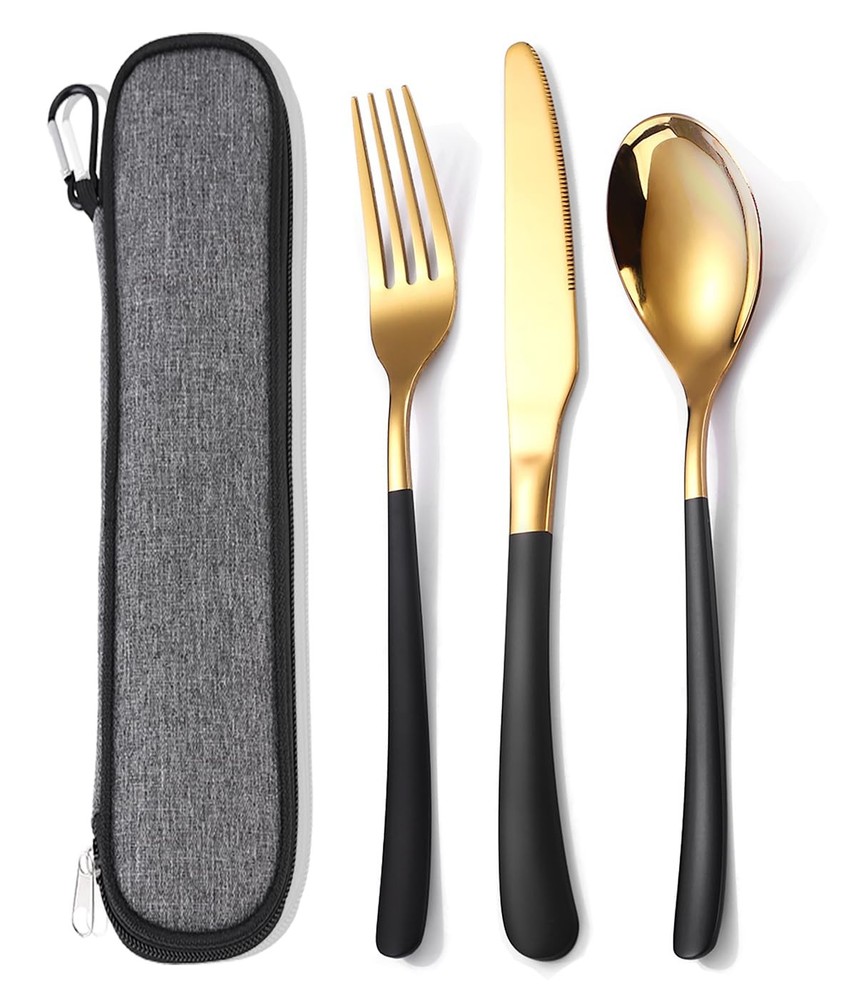 3 PCS Black Gold Reusable Flatware Set with Case Knife Fork Spoon for Work