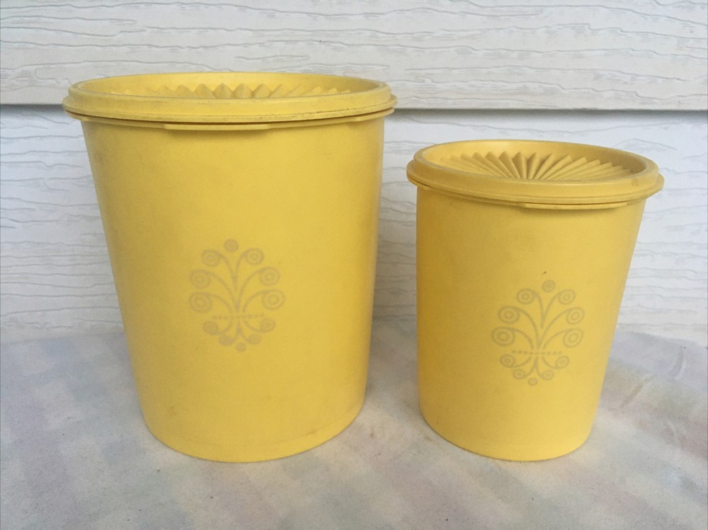 Vintage (2) Mustard TUPPERWARE Kitchen Storage Nesting Container Canister Set