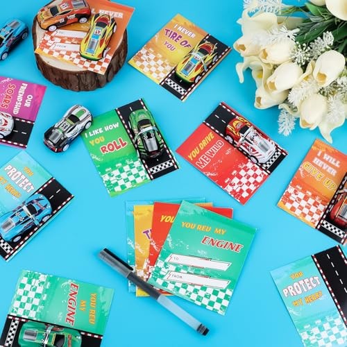 28 Pcs Valentins's Cards with Pull Back Car Valentines Day Cards Pull back car