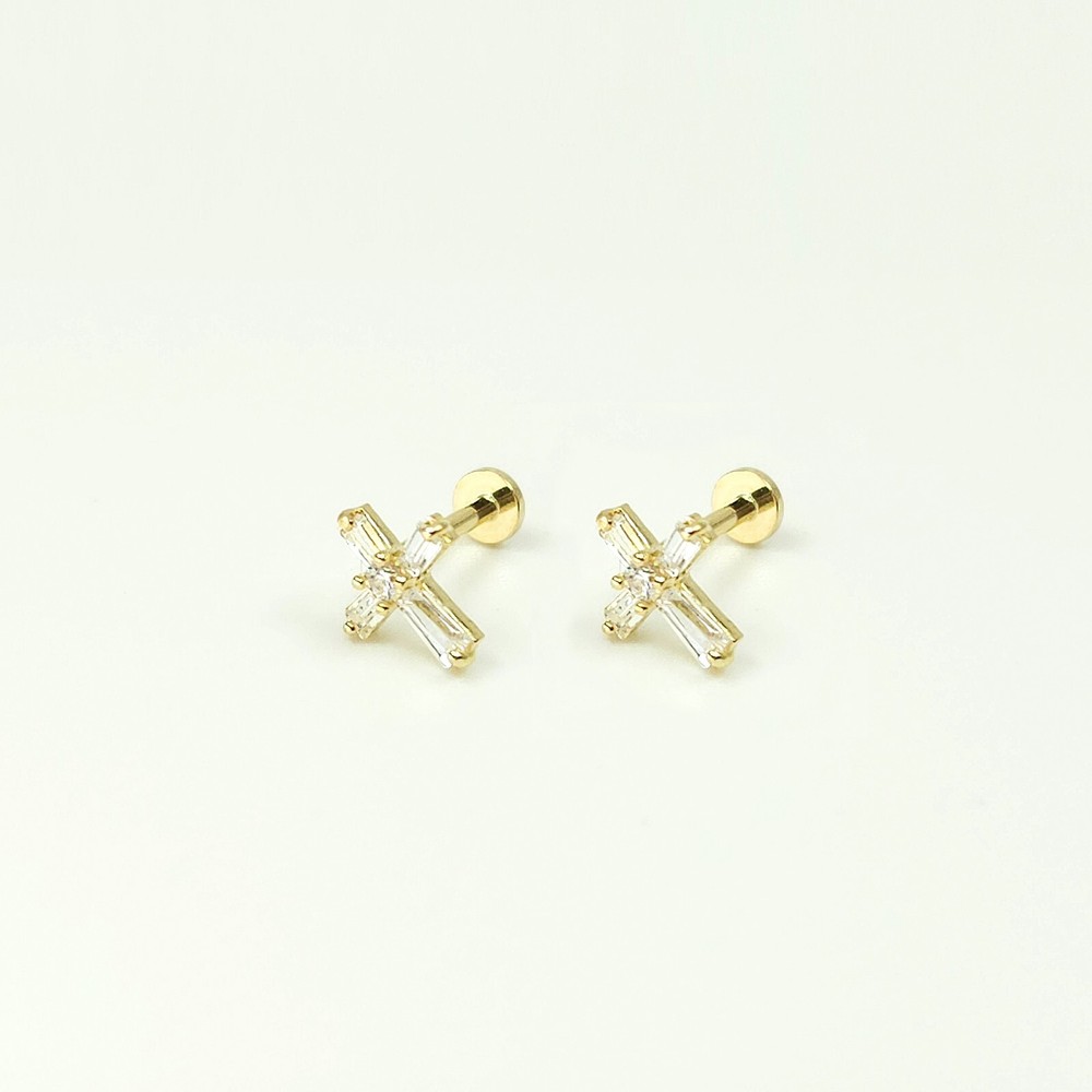 14K Solid Gold Tiny Cross Internally Threaded Labret Stud Earring(18Gauge)