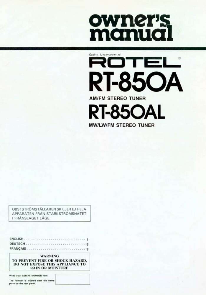 Rotel RT-850A Tuner Owners Manual