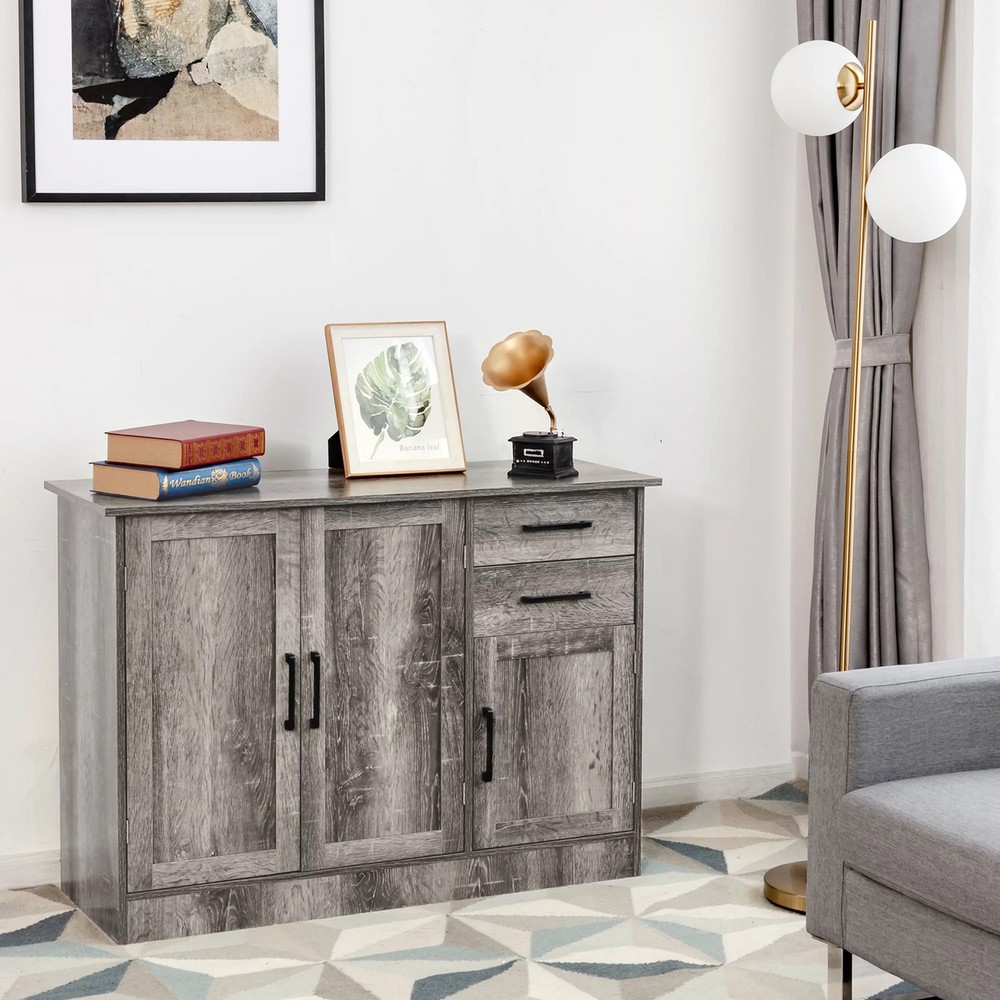 Rustic Gray Grey Wooden Buffet Console Storage Cabinet China Server Sideboard