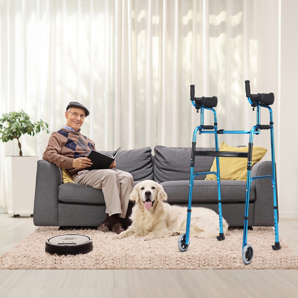 Folding Walker Adjustable Walking Frame Aluminum Walking Aid w/ Wheels Blue