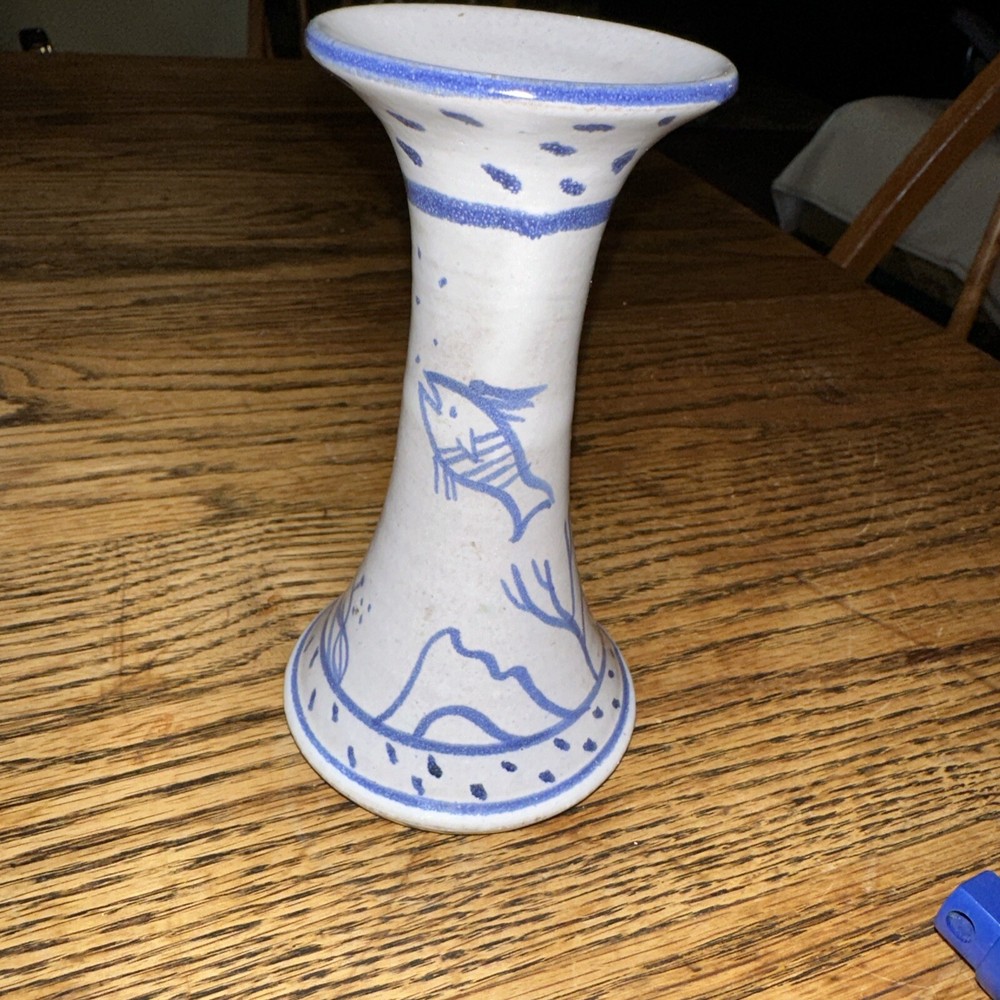 Vintage Handpainted Terracotta Earthenware Candle Holder Fish Signed