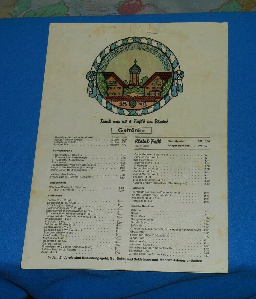 vintage PLATZL restaurant MENU