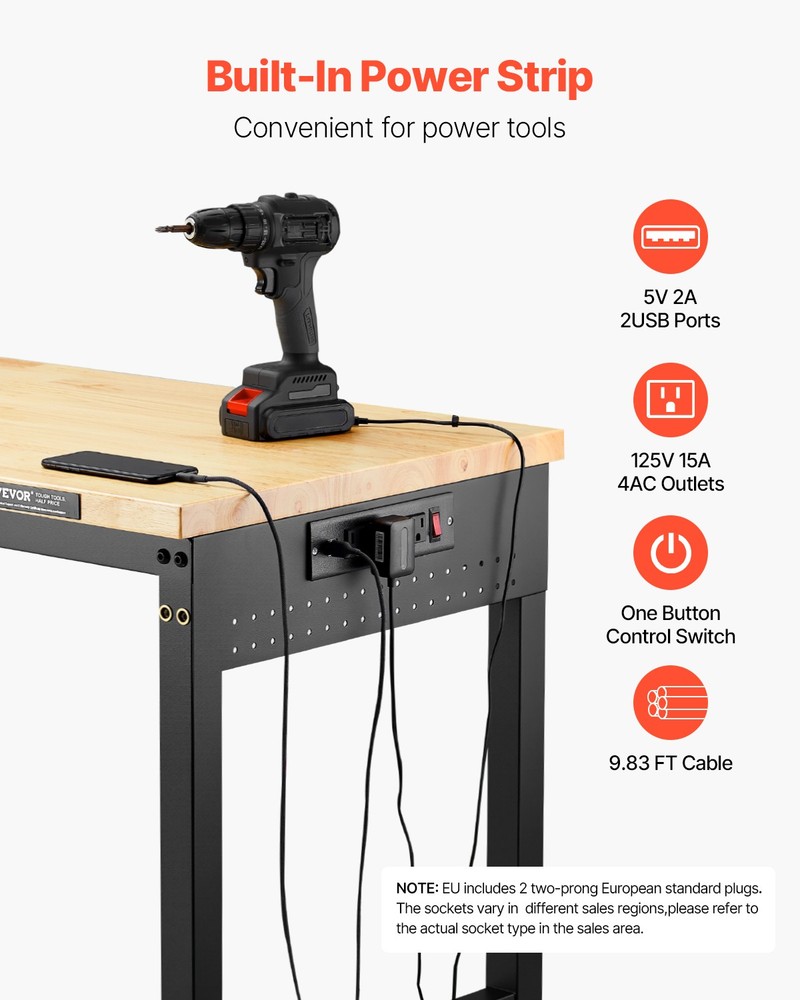 VEVOR 60"Workbench on Wheels Adjustable Height Table with Power Outlet &Pegboard