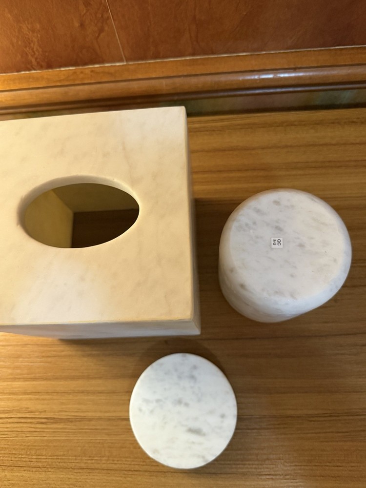Brand New Solid Carrara Marble Tissue Box Cover & Matching Lidded Jar-READ