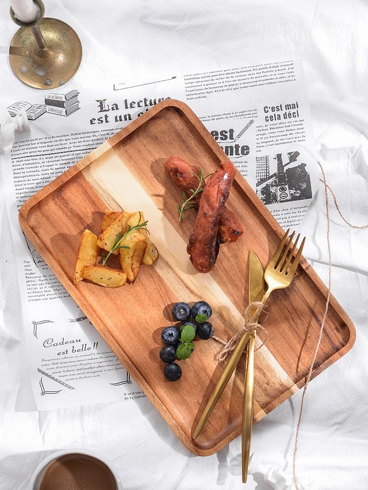 2 PCS Solid Acacia Wood Serving Trays Rectangular Wooden Serving Platters Nat...