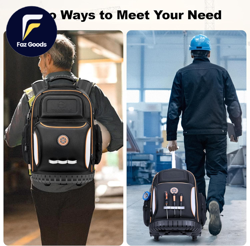 Backpack Tool Bag with Wheel Rolling Tool Backpack for Electrician Heavy Duty