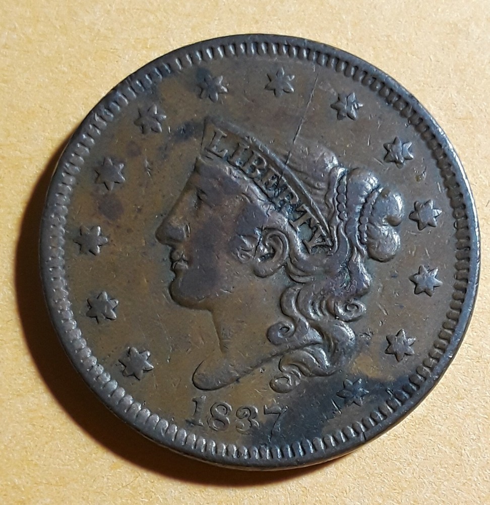 1837 Coronet Head Early US Copper Large Cent.