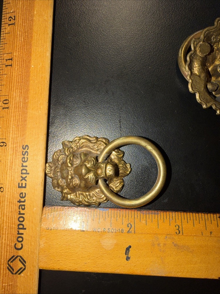 Antique Vintage Solid Brass Lions Lion's Head Knob Pull Drop Handle