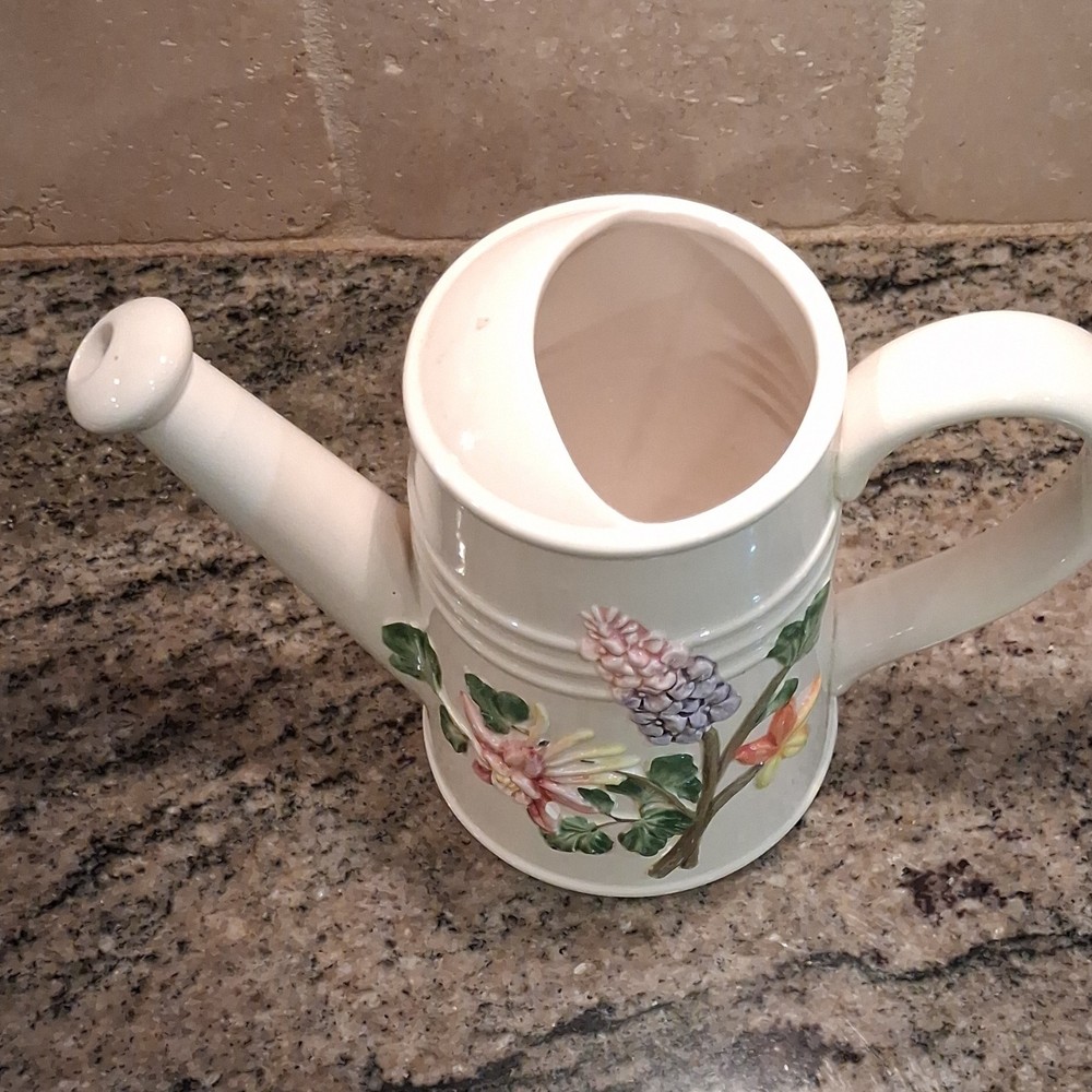 Ceramic Decorative Watering Can Floral Design White Multicolor