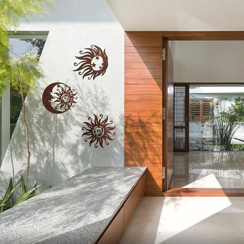 Sun Moon Metal Wall Art - Rust Colored Rust Proof Wall Sculpture Set Sun Face