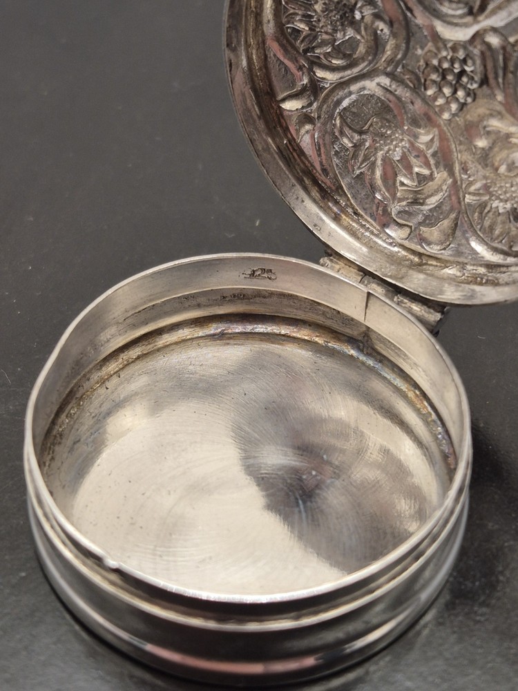 PILLBOX - Sterling Silver Pill Box. Round Embossed Design. Hinged lid.
