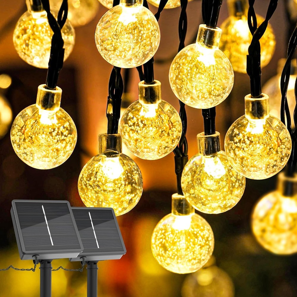 2 Pack 66FT 200LED Outdoor Solar Globe String Lights Ball Bubbles 8 Modes Yellow