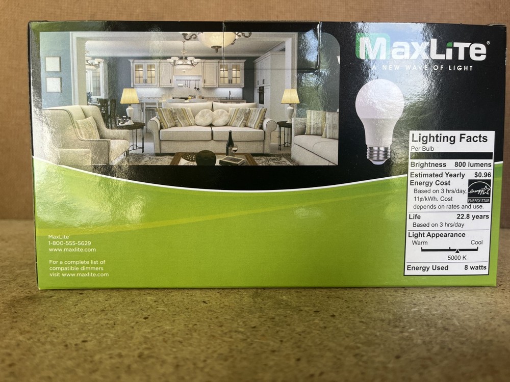 4 Pack Maxlite 8W LED Bulb = 60 watt replace A19 Daylight 5000K LED Light 60w