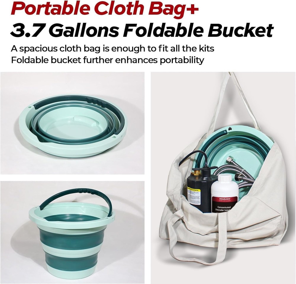 Tankless Water Heater Flushing Descaling Kit 3.7 Gal Foldable Bucket Pump Hose