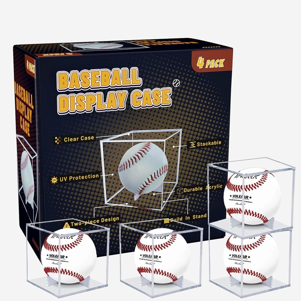 4 Pack Baseball Display Case, UV Protected Acrylic 4 PACK (Color Box), Clear
