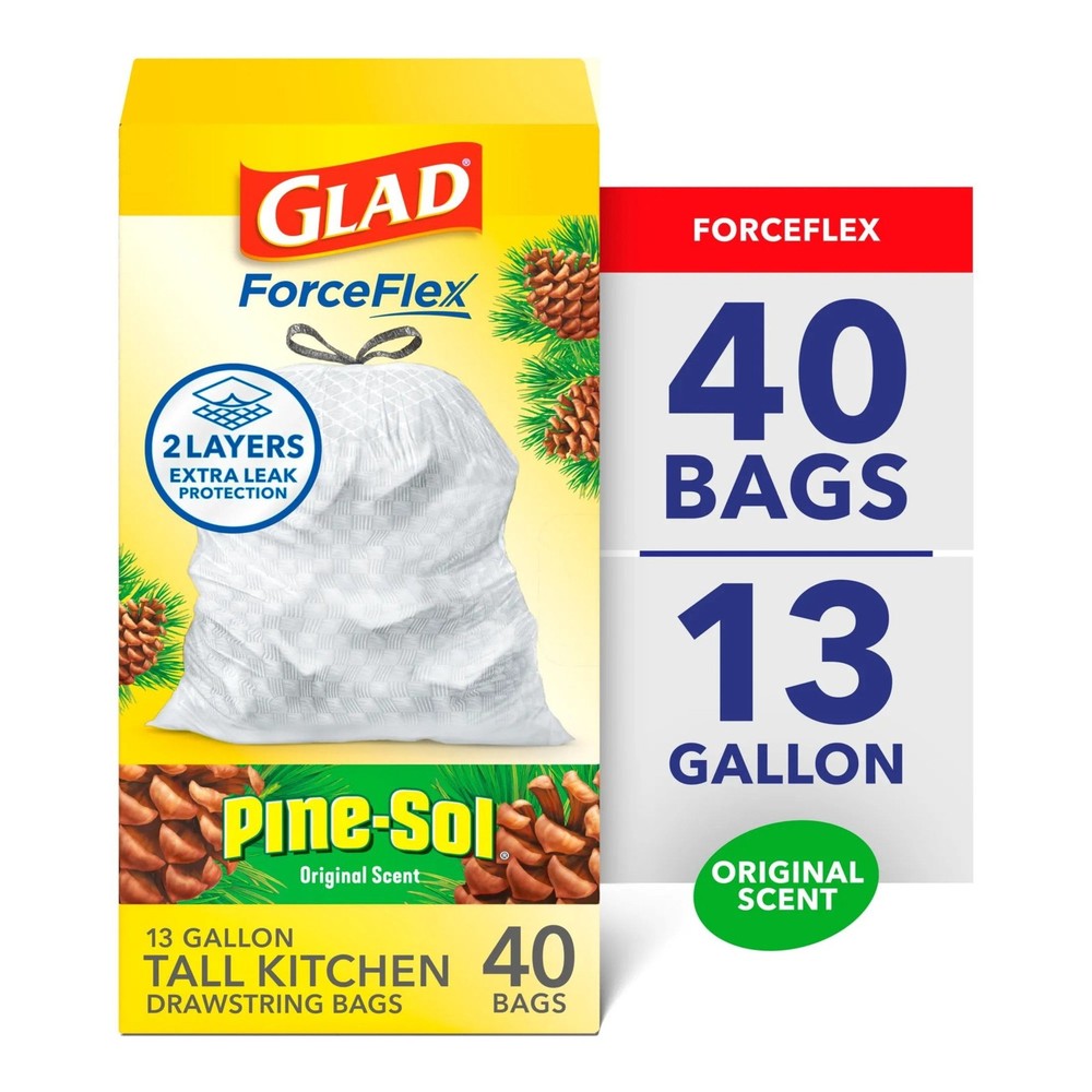 ForceFlex Tall Kitchen Drawstring Trash Bags 13 Gal Pine-Sol Original