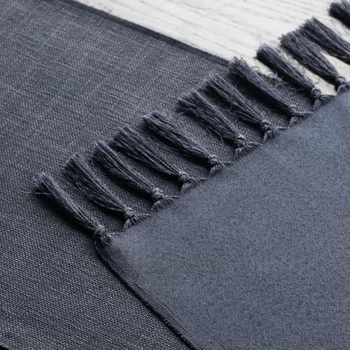 Tassel Table Runner, Linen Blend Rustic 13" x 48", Table Runner Graphite Grey