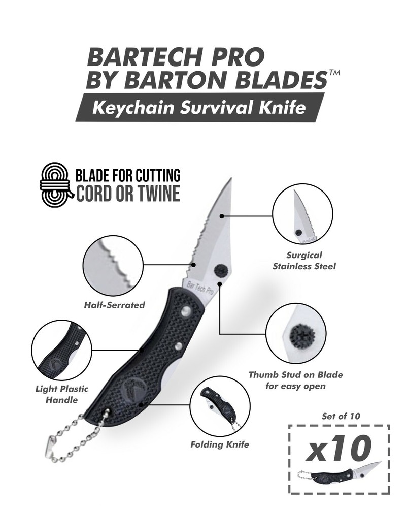 Bartech Pro Small Mini Half-Serrated Key Chain Pocket Knives, 10 Pack