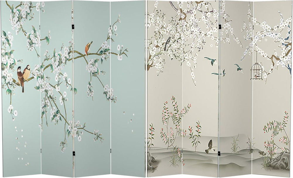 6ft Double-Sided Birds & Blossoms Canvas Room Divider - 4 Panel Privacy Screen
