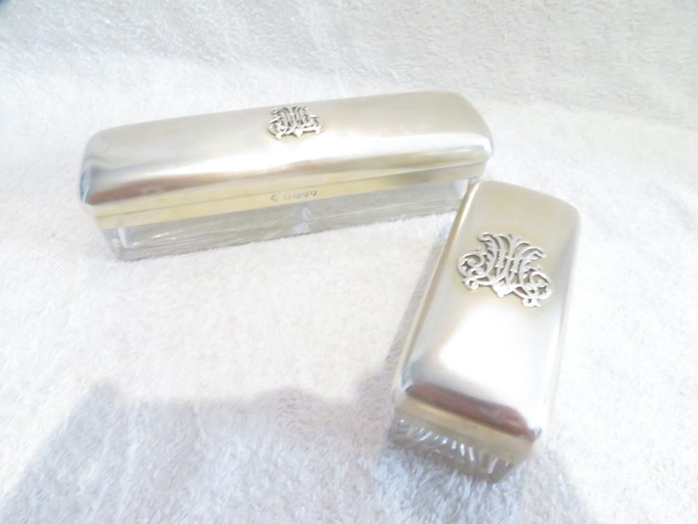 Gorgeous victorian english sterling silver & crystal 2 rectangular boxes London