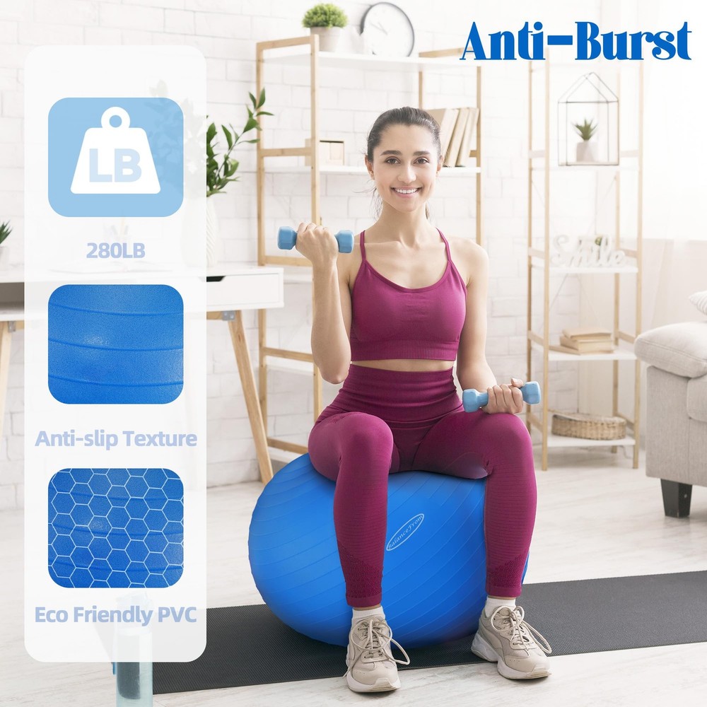 Anti-Burst Slip Resistant Exercise Ball with Quick Pump 2000-Pound Capacity B...