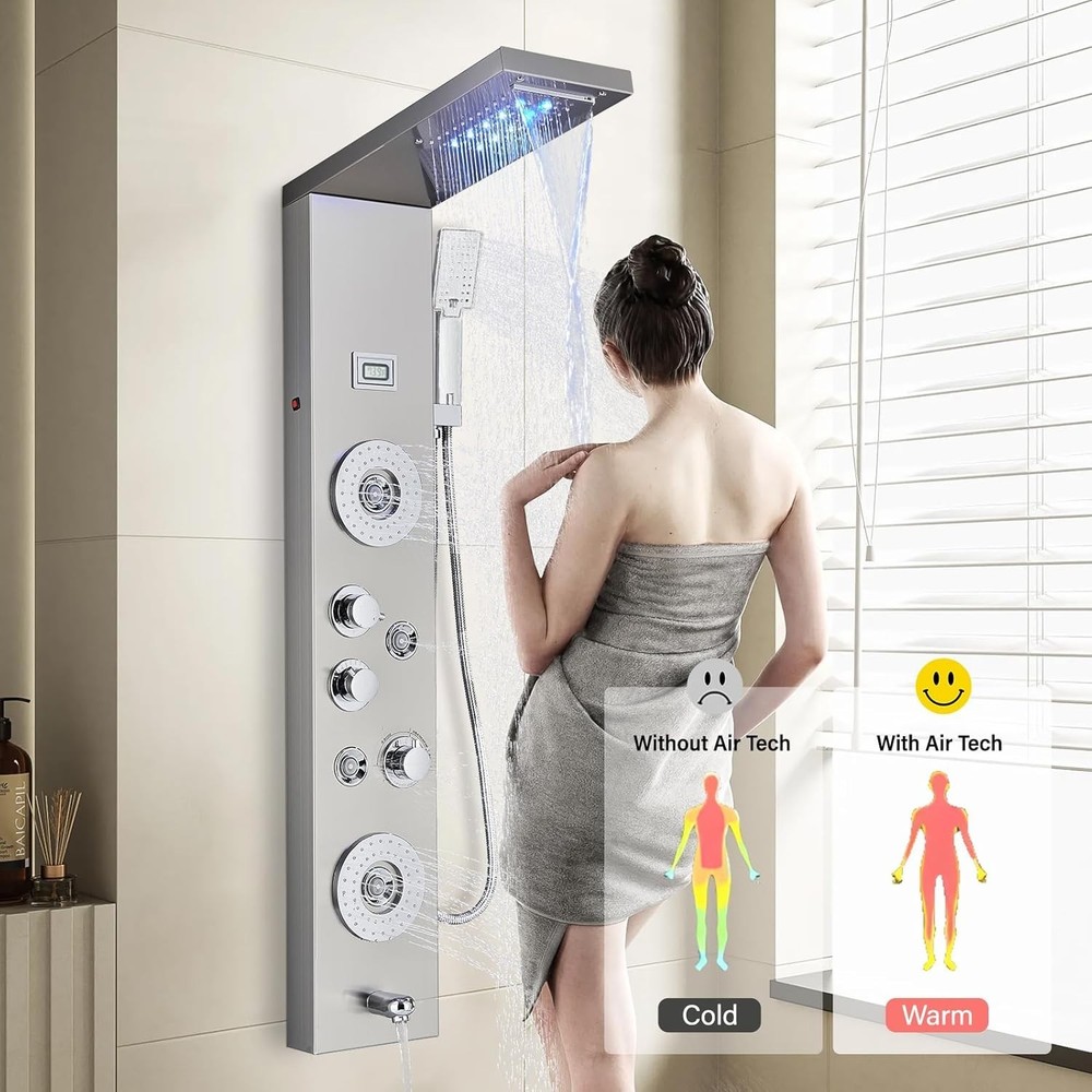 Stainless Steel 6-Function Shower Tower with Handheld & Temperature Display