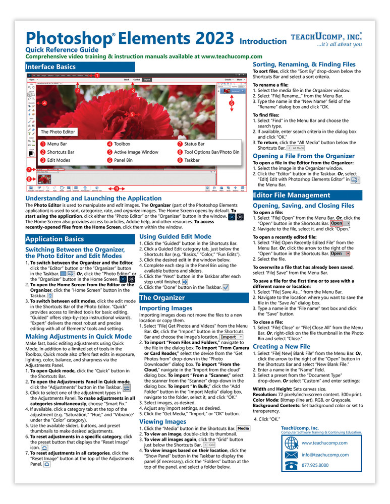 Photoshop Elements 2023 Training Guide Quick Reference Card 2 Page Cheat Sheet