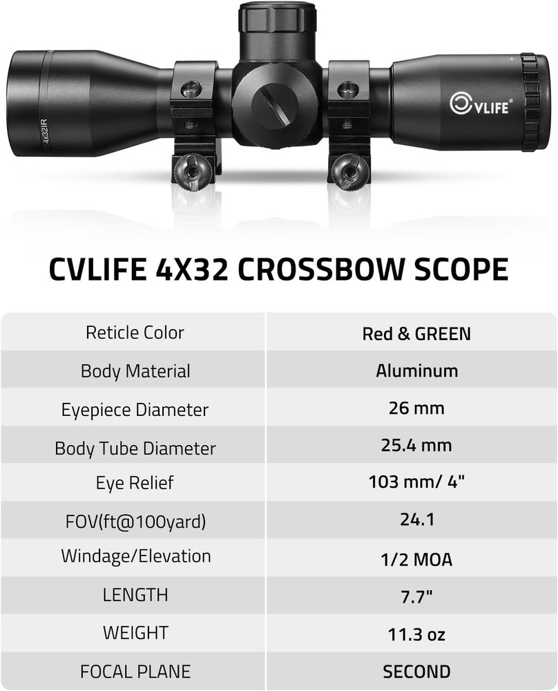Compact Red Green Illuminated Crossbow Scope, 20-100 Yards
