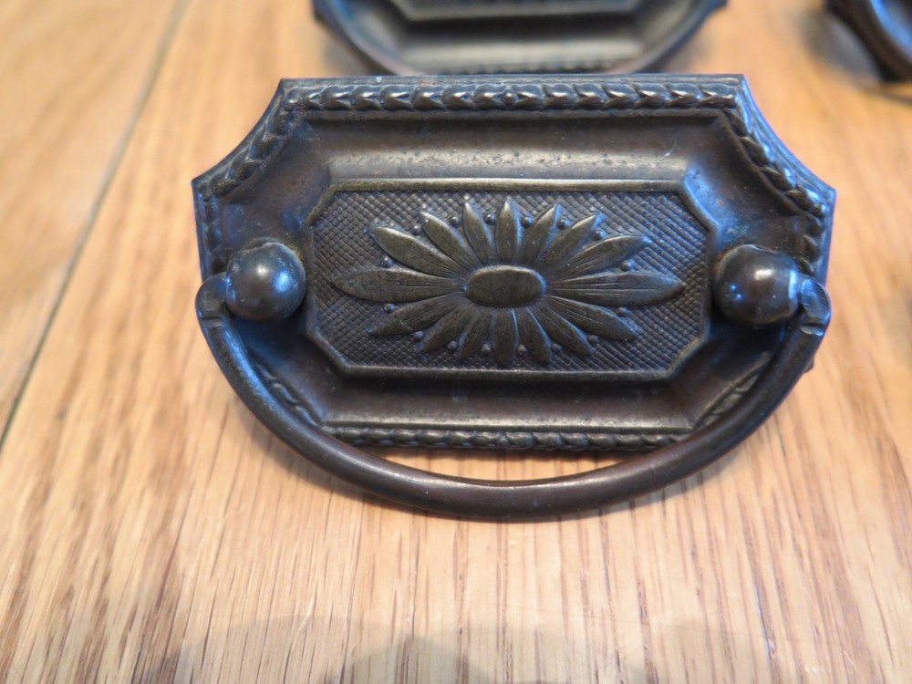 Antique Brass Tone Drawer Pulls Drop Pulls - Set of 9