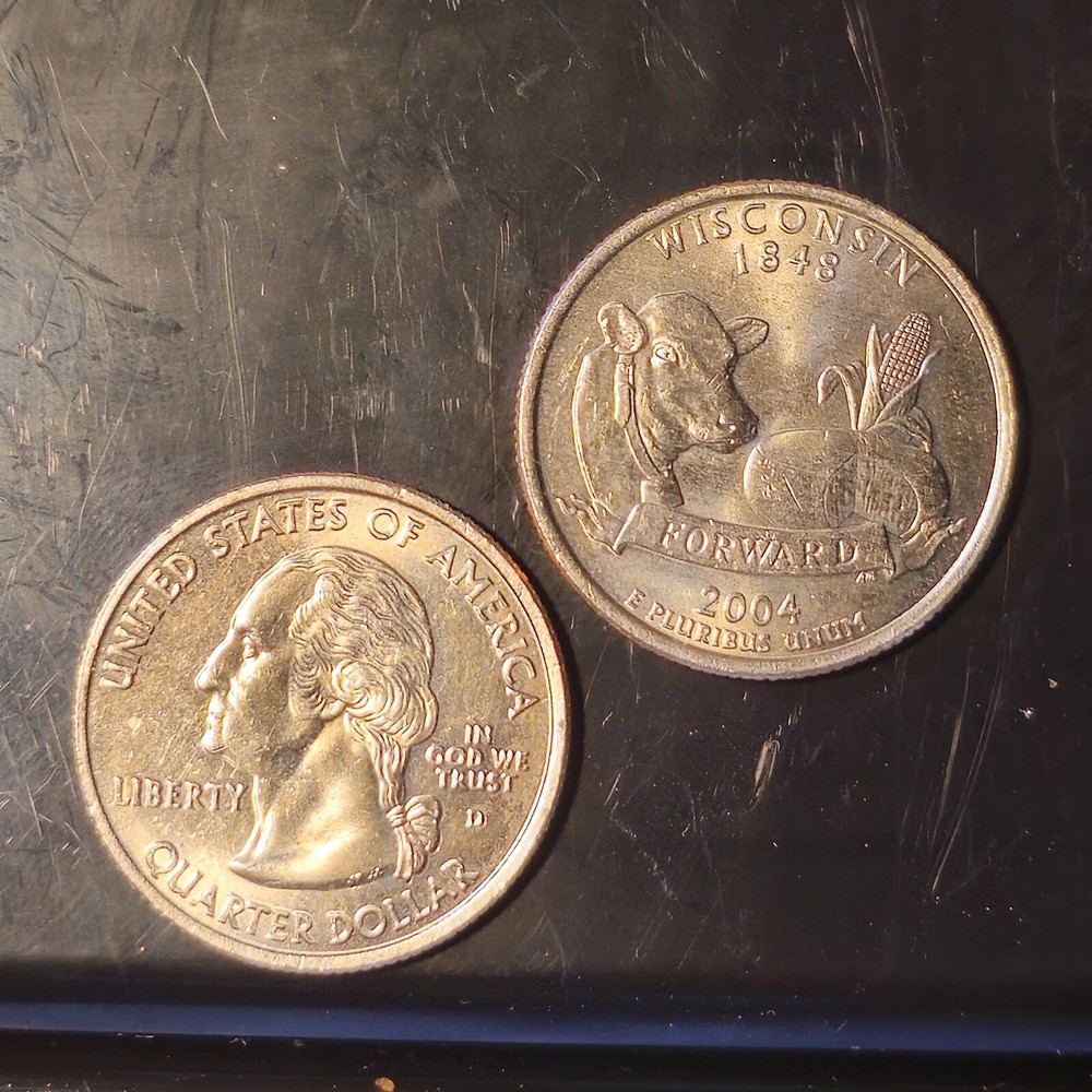 Two Wisconsin State QUARTER Error Coins (NOT LEAF) 2004
