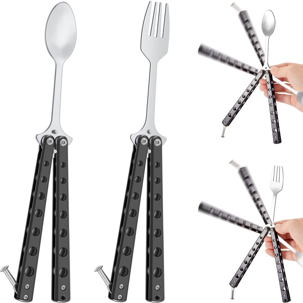 2 Pcs Butterfly Fork and Spoon Set, Tactical Folding Black