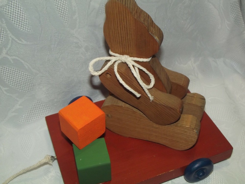 Vintage Handmade Wooden Bear Pull Toy Decor
