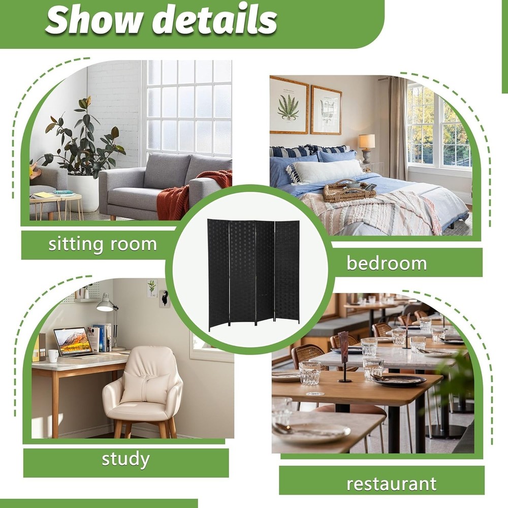 Versatile 4-Panel Folding Wood Divider | Modern Coal Black Woven Privacy Screen