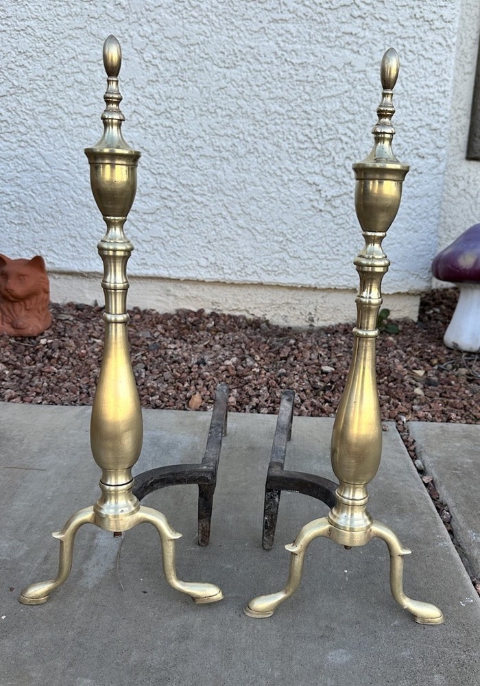 Vintage Solid Brass Andirons Pair 21” Colonial Fireplace Tool Polished
