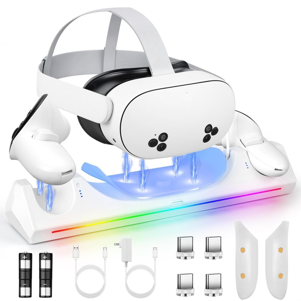 Charging Dock for Quest 3S VR Headset & Controllers, LED Indicator, 2 Batteries