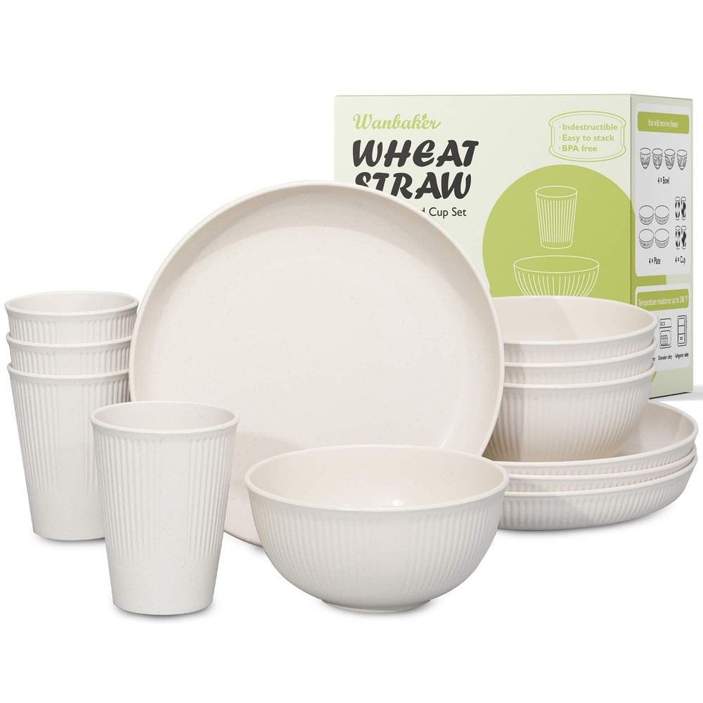 12 PCS Beige Wheat Straw Dinnerware Sets, Unbreakable, Plates, Bowls, Reusable