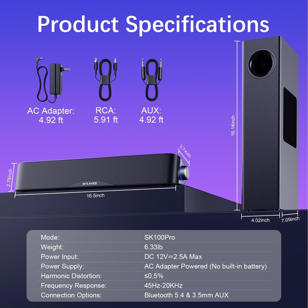 Nylavee Computer Speakers with Subwoofer, 2.1 PC System Black