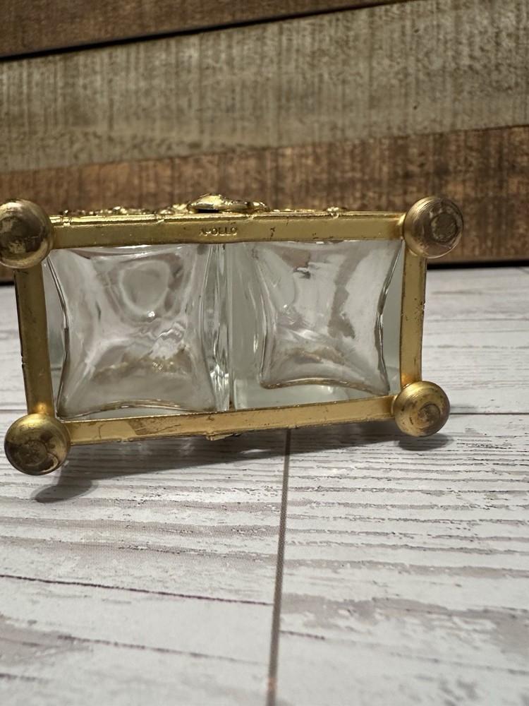 Vtg APOLLO STUDIOS Ormolu Caddy w/2 Crystal Perfume Bottles Vanity Set READ