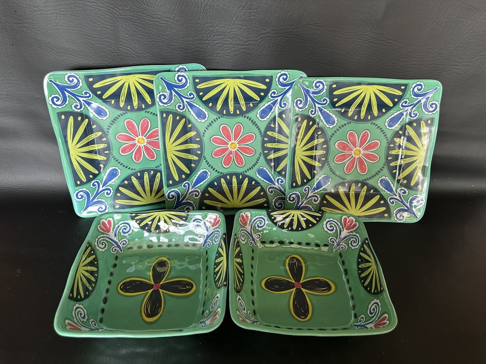 Pier 1 Melamine Square Plates Bowls Set Outdoor Dining Dinnerware Floral Pattern