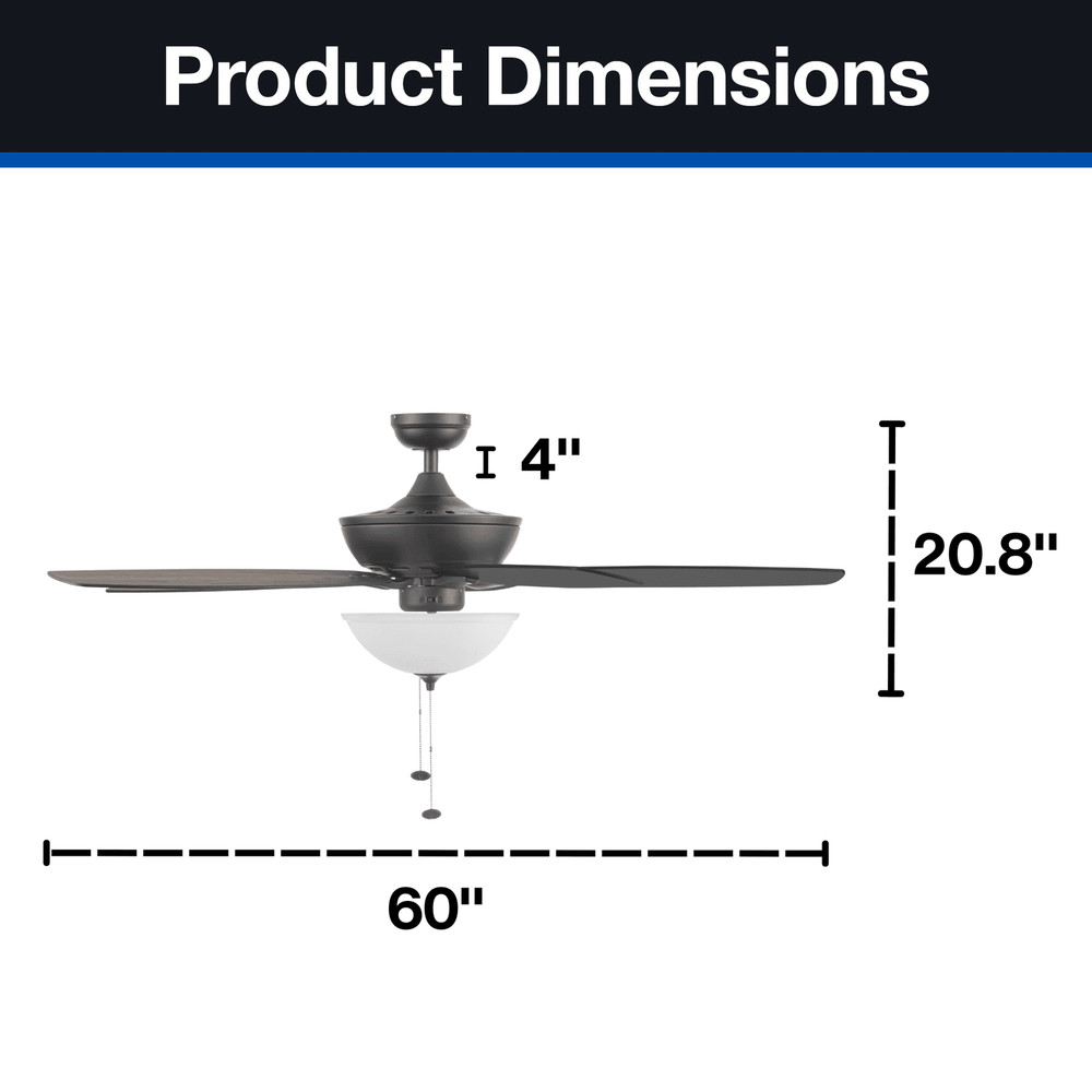 60" Black Ceiling Fan with Light, 5 Blades, Reverse Airflow, Pull Chain Control