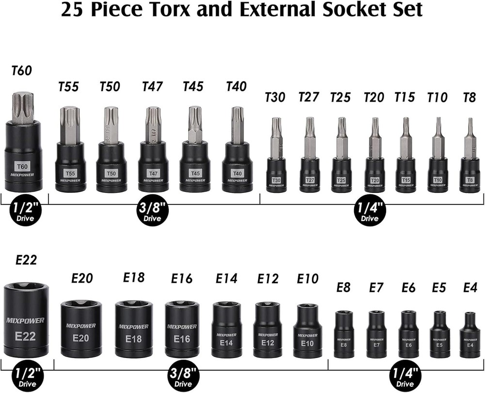 25PCS Torx Bit and Socket Set, Professional Grade Auto & Motorcycle Mechanic Set