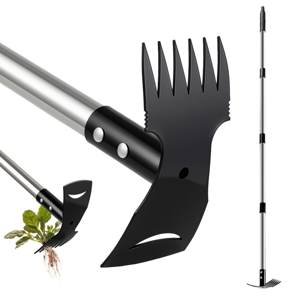 Long Handle Weed Puller Tool 58" - 2-in-1 Weeder Rake & Garden Hoe Combo for Eas