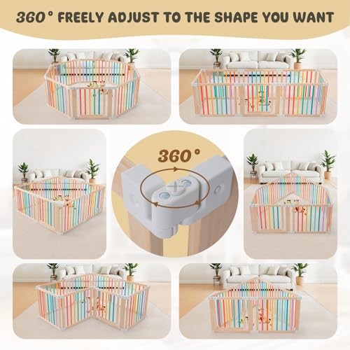 Baby Wooden Playpen, Foldable Shape & Size Adjustable 8 Panel Multicolor