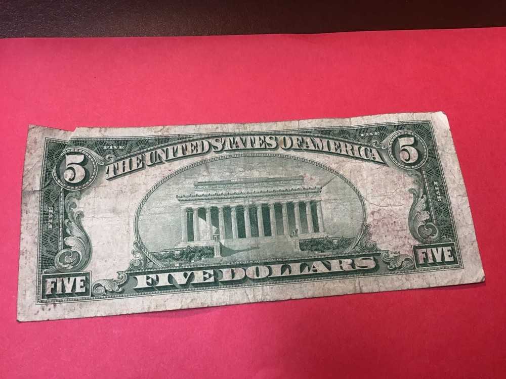 1963 or 1953 Five Dollar Red Seal $5 Red Seal Note US, 1 note