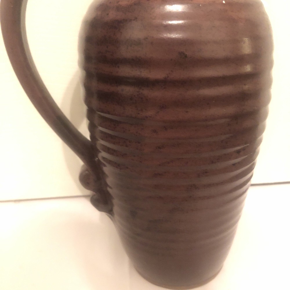 Art Pottery Ceramic Pitcher Rustic Drip Glaze Ribbed Pattern Scroll Handle 11.5”