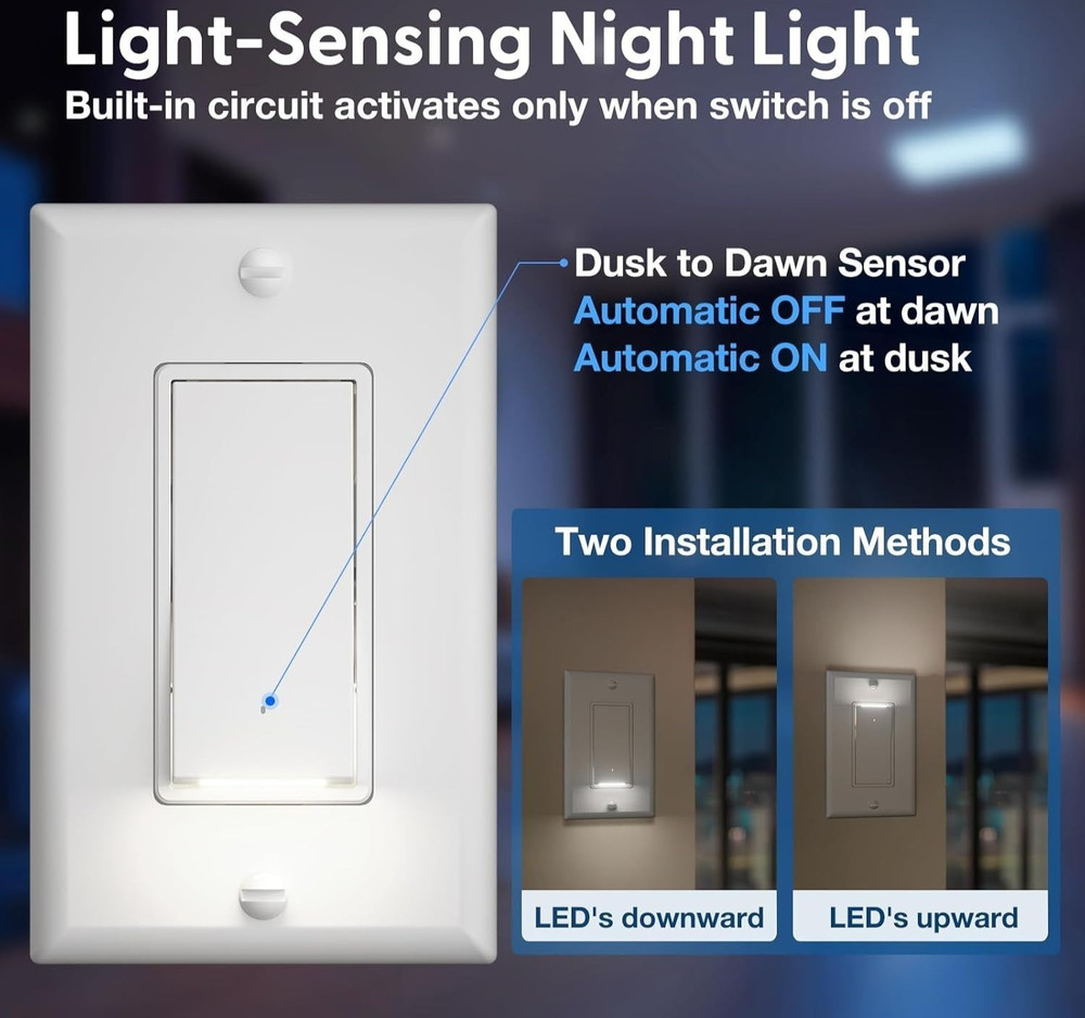 Single Pole Light Switch w/ Night Light, UL Listed, LED Guide Light Wall Switch